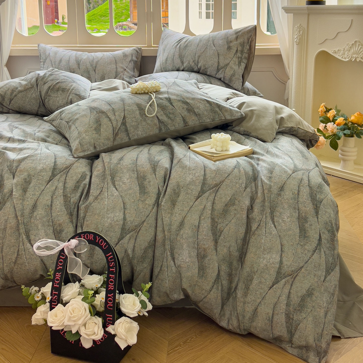 91家纺网 家纺一手货源 找家纺 田野 2025新款全棉13360加厚磨毛印花四件套 灼华-绿