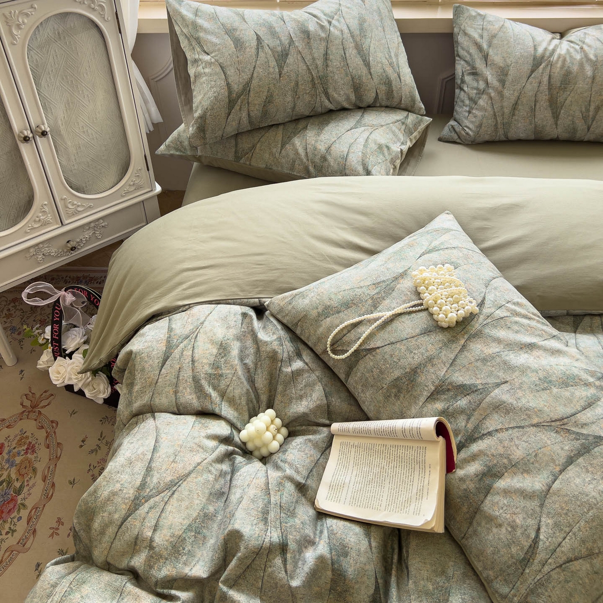 91家纺网 家纺一手货源 找家纺 田野 2025新款全棉13360加厚磨毛印花四件套 灼华-绿