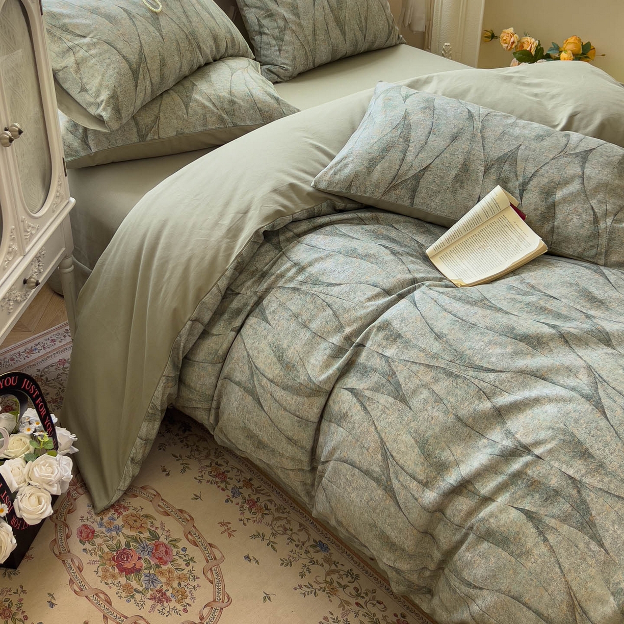 91家纺网 家纺一手货源 找家纺 田野 2025新款全棉13360加厚磨毛印花四件套 灼华-绿