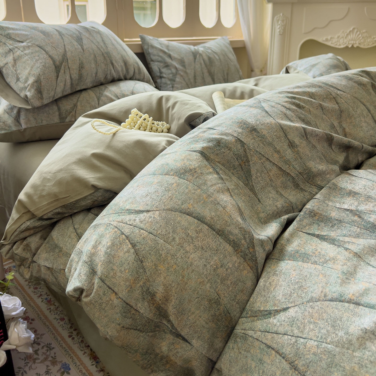 91家纺网 家纺一手货源 找家纺 田野 2025新款全棉13360加厚磨毛印花四件套 灼华-绿