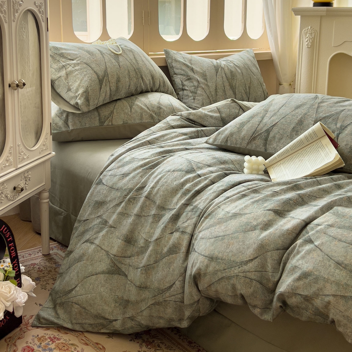 91家纺网 家纺一手货源 找家纺 田野 2025新款全棉13360加厚磨毛印花四件套 灼华-绿