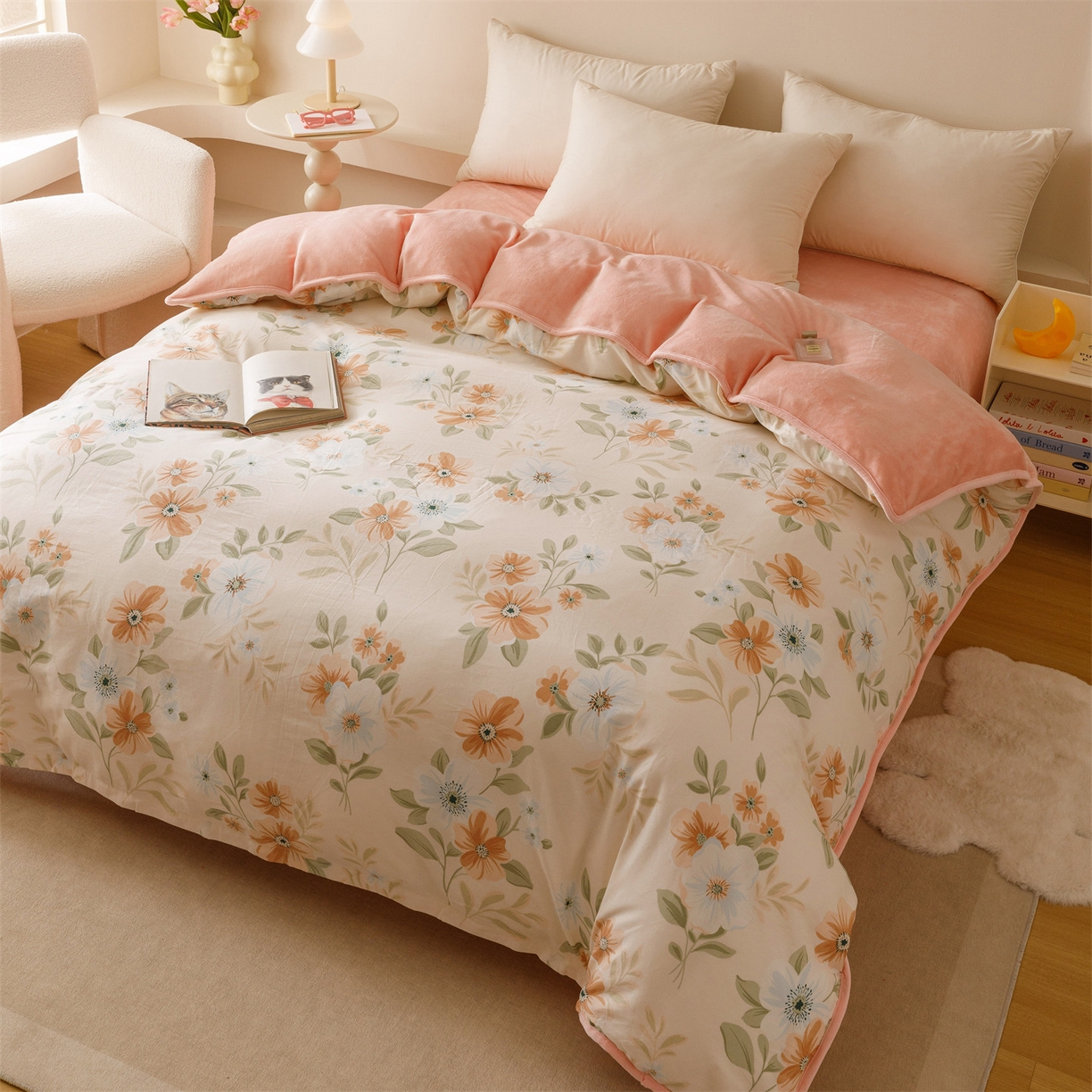 91家纺网 家纺一手货源 找家纺 红粉佳人家纺 2025新款A类棉加绒印花单被套被套单件 花颜悦色