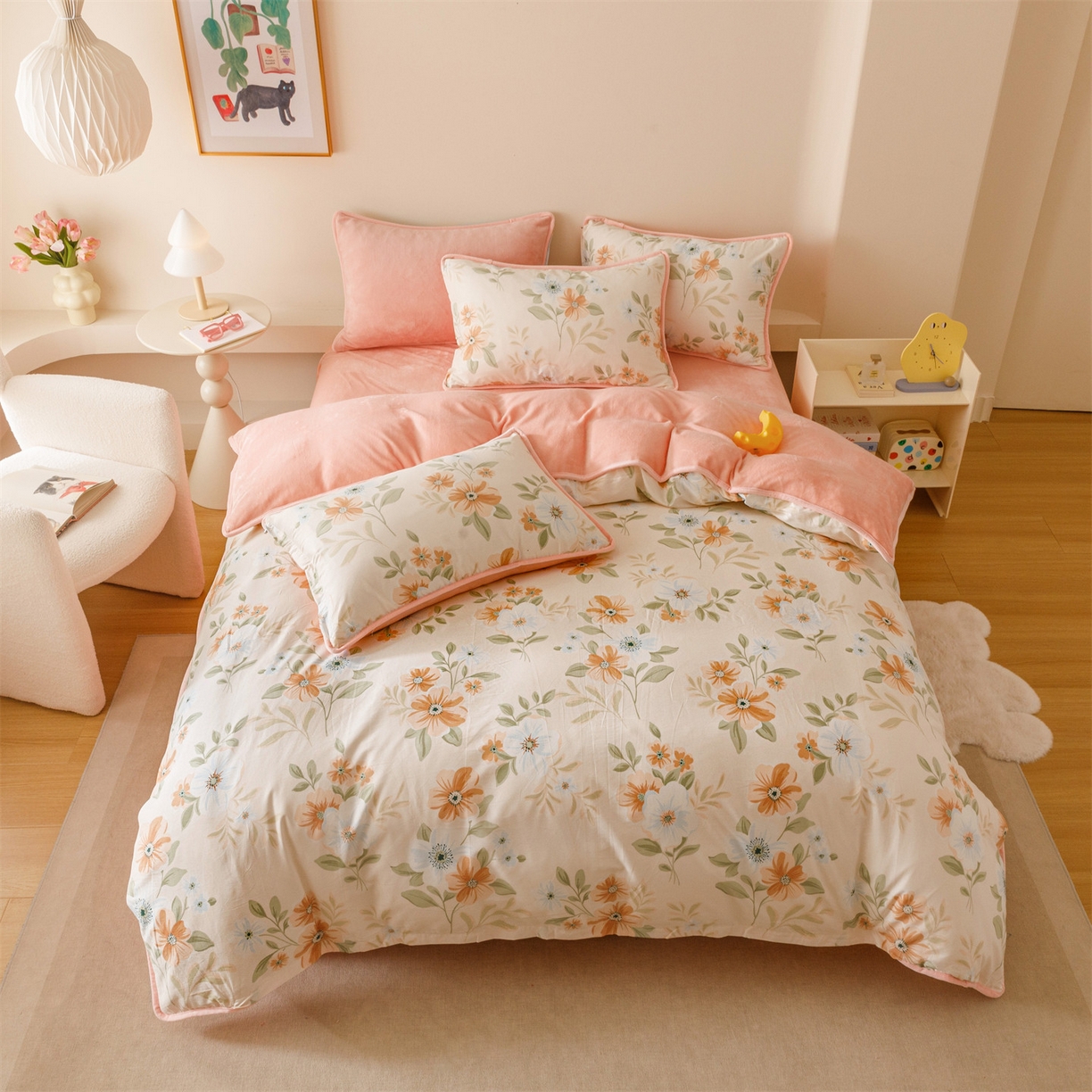 91家纺网 家纺一手货源 找家纺 红粉佳人家纺 2025新款A类棉加绒印花单被套被套单件 花颜悦色