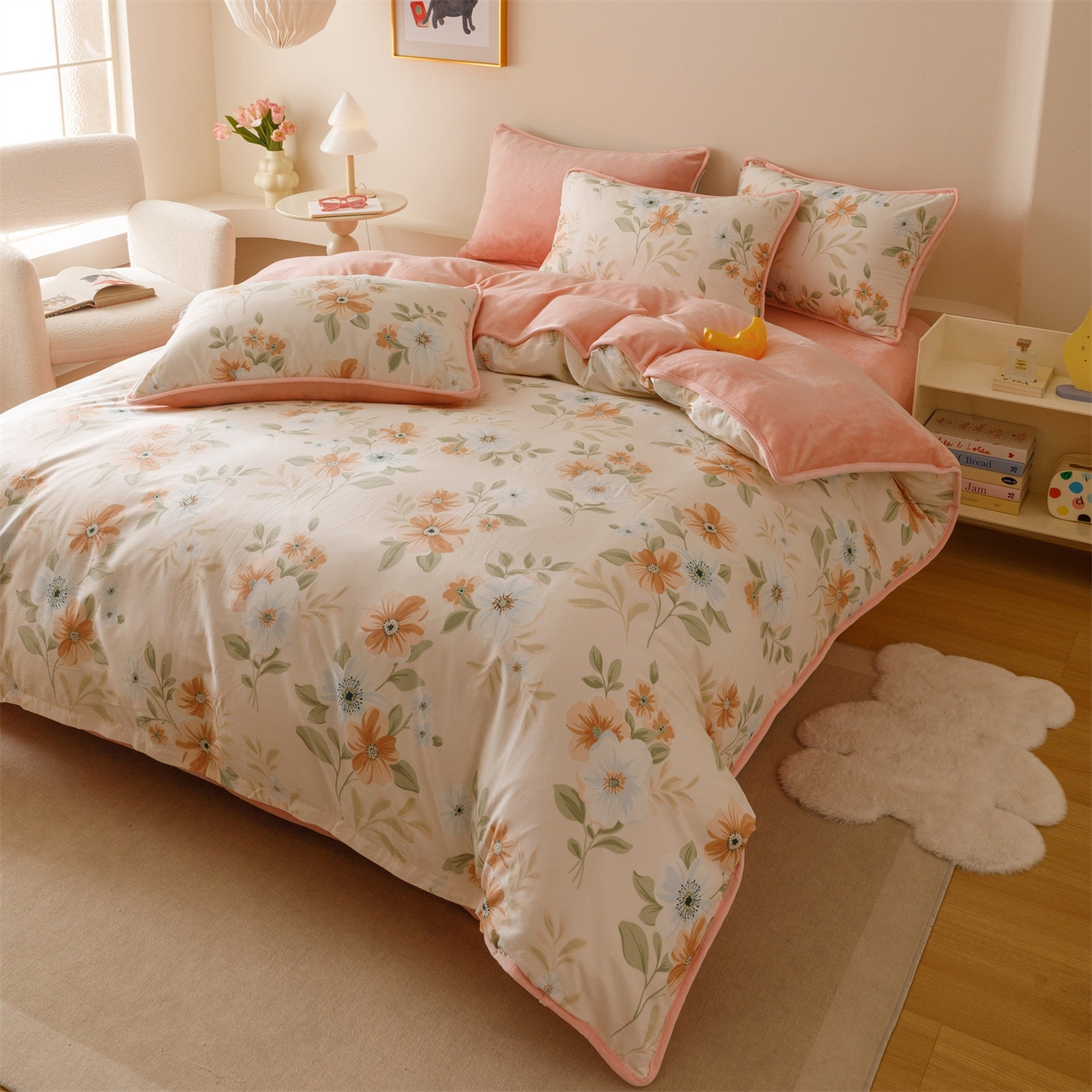 91家纺网 家纺一手货源 找家纺 红粉佳人家纺 2025新款A类棉加绒印花单被套被套单件 花颜悦色