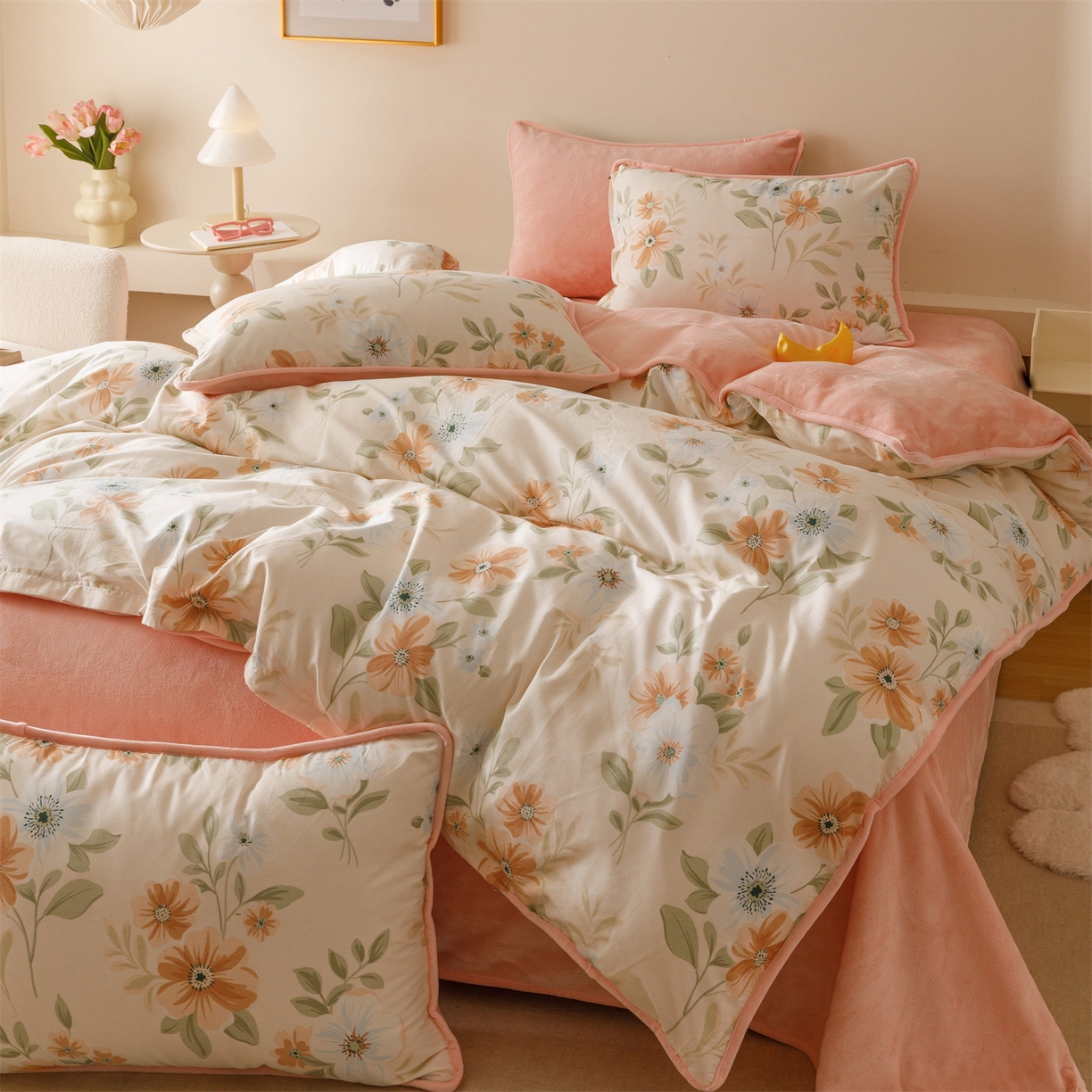 91家纺网 家纺一手货源 找家纺 红粉佳人家纺 2025新款A类棉加绒印花单被套被套单件 花颜悦色