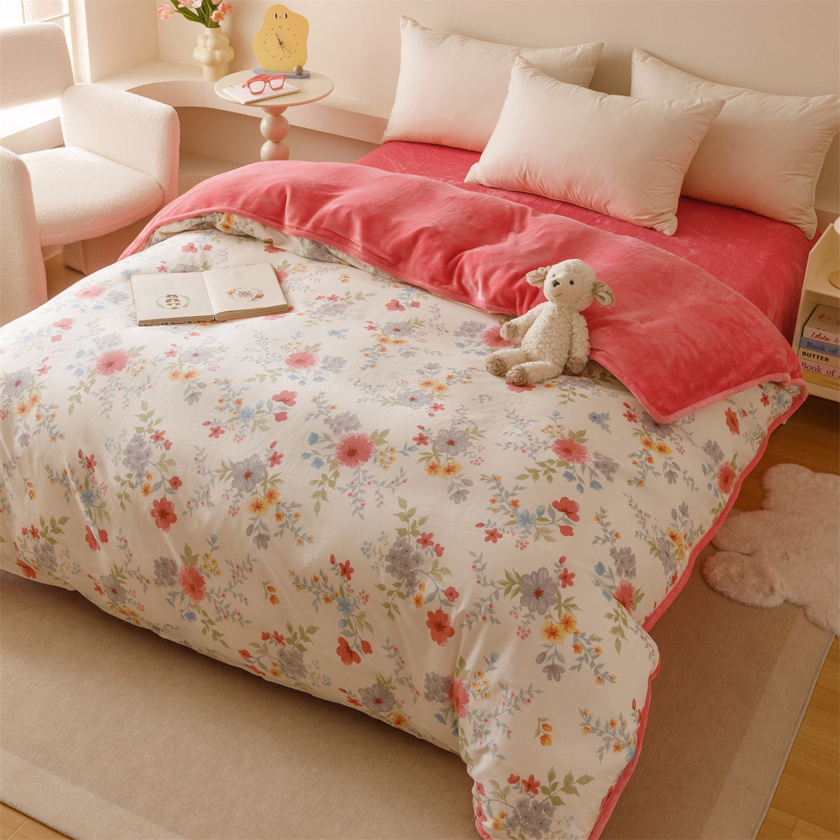 91家纺网 家纺一手货源 找家纺 红粉佳人家纺 2025新款A类棉加绒印花单被套被套单件 花漾甜梦