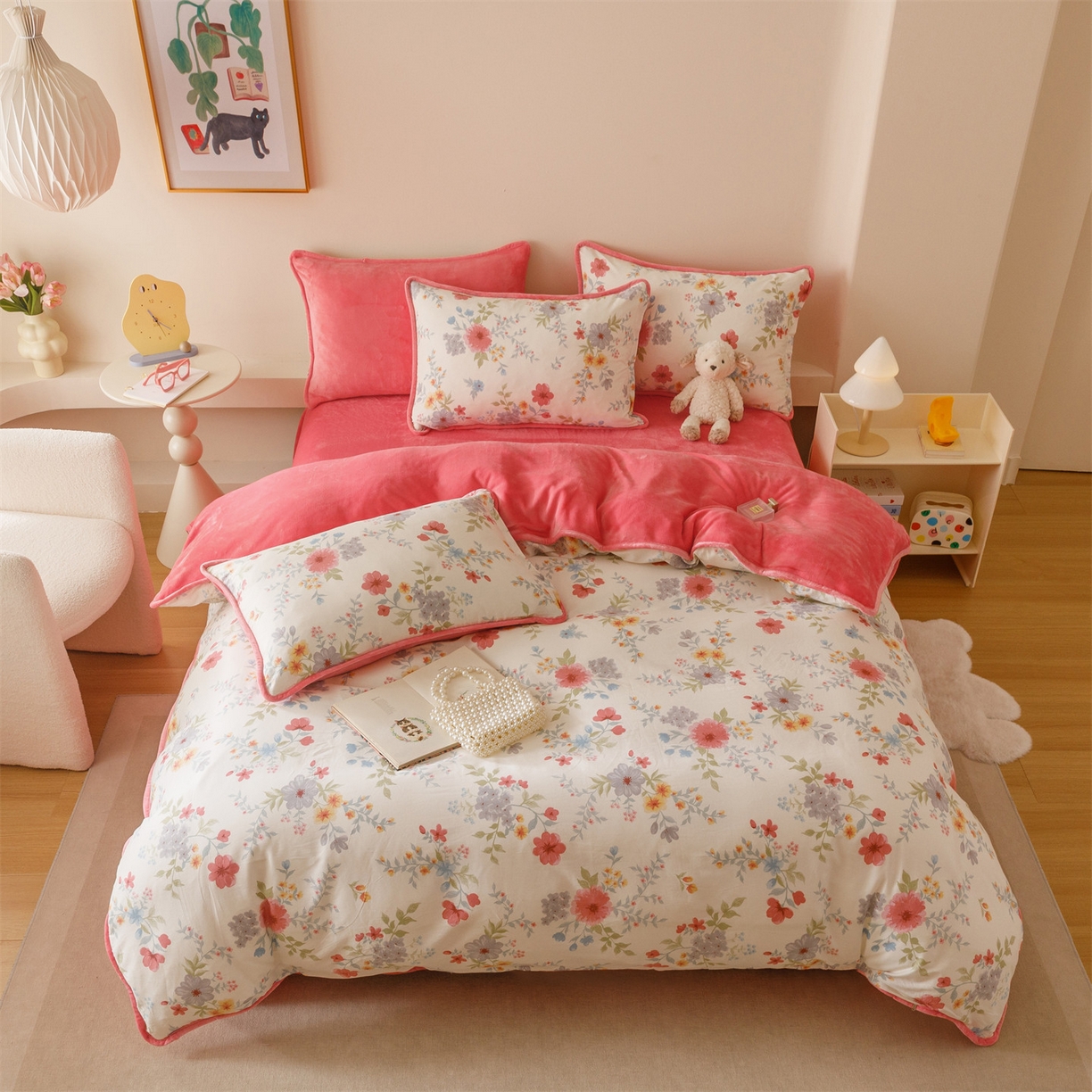 91家纺网 家纺一手货源 找家纺 红粉佳人家纺 2025新款A类棉加绒印花单被套被套单件 花漾甜梦