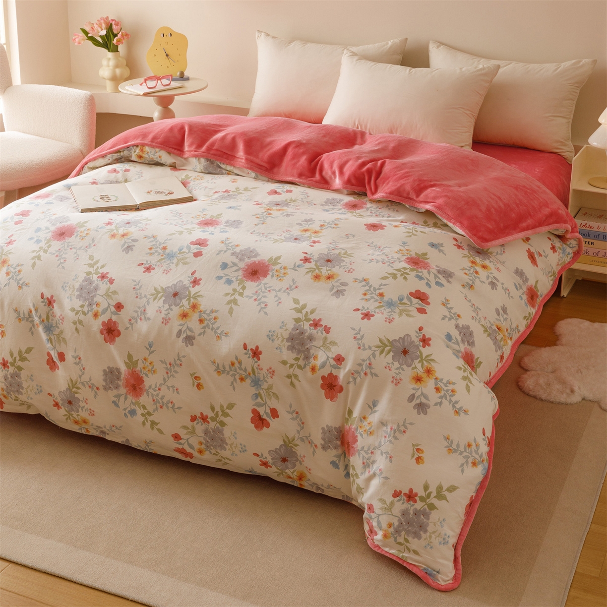 91家纺网 家纺一手货源 找家纺 红粉佳人家纺 2025新款A类棉加绒印花单被套被套单件 花漾甜梦