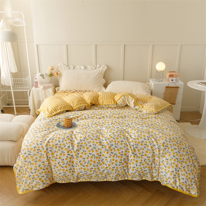 红粉佳人家纺 2025新款A类棉加绒印花单被套被套单件 花语-黄