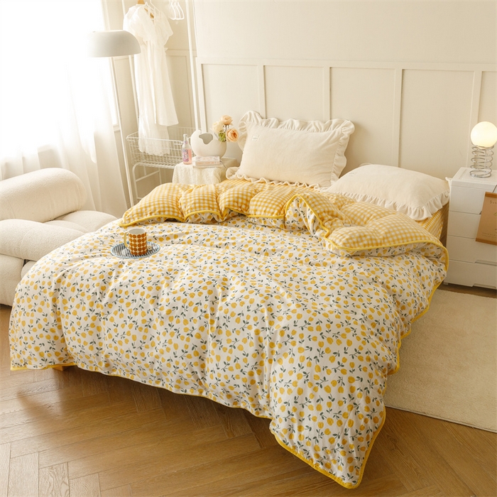 91家纺网 家纺一手货源 找家纺 红粉佳人家纺 2025新款A类棉加绒印花单被套被套单件 花语-黄