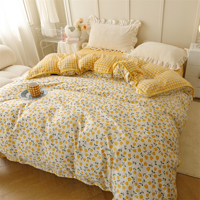 91家纺网 家纺一手货源 找家纺 红粉佳人家纺 2025新款A类棉加绒印花单被套被套单件 花语-黄