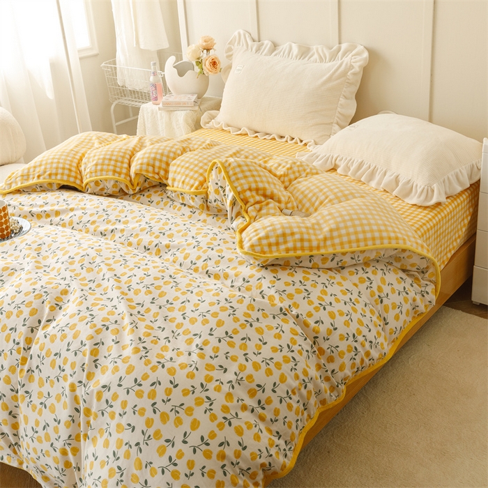 91家纺网 家纺一手货源 找家纺 红粉佳人家纺 2025新款A类棉加绒印花单被套被套单件 花语-黄