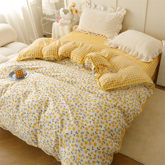 91家纺网 家纺一手货源 找家纺 红粉佳人家纺 2025新款A类棉加绒印花单被套被套单件 花语-黄