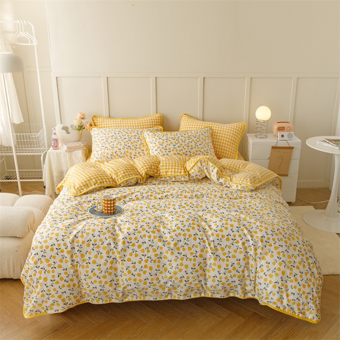 91家纺网 家纺一手货源 找家纺 红粉佳人家纺 2025新款A类棉加绒印花单被套被套单件 花语-黄