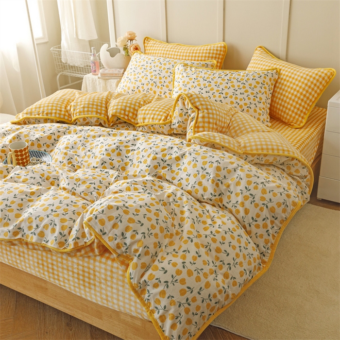 91家纺网 家纺一手货源 找家纺 红粉佳人家纺 2025新款A类棉加绒印花单被套被套单件 花语-黄