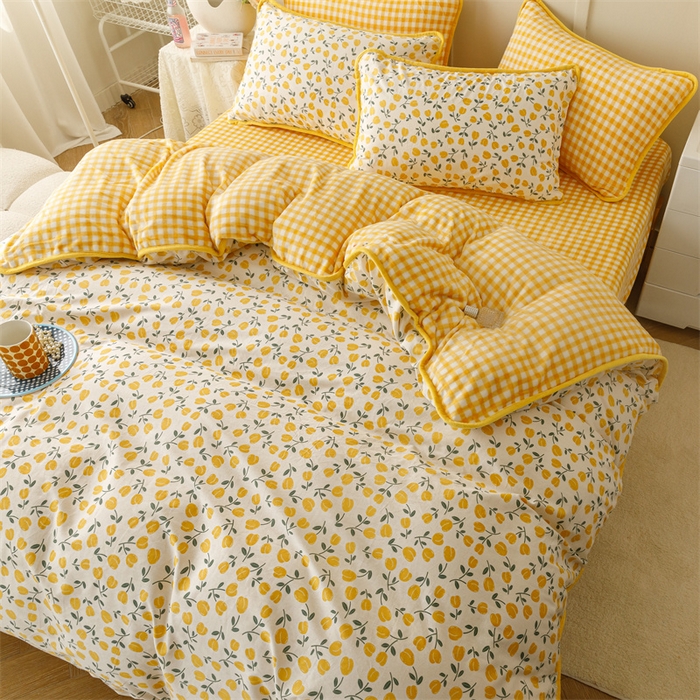 91家纺网 家纺一手货源 找家纺 红粉佳人家纺 2025新款A类棉加绒印花单被套被套单件 花语-黄