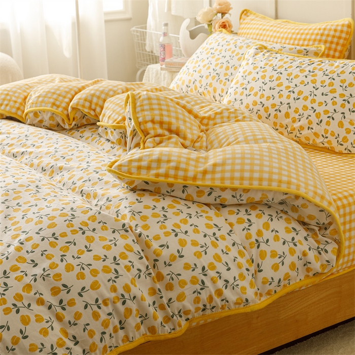 91家纺网 家纺一手货源 找家纺 红粉佳人家纺 2025新款A类棉加绒印花单被套被套单件 花语-黄