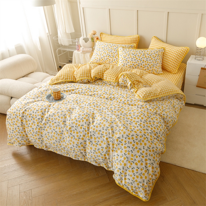 91家纺网 家纺一手货源 找家纺 红粉佳人家纺 2025新款A类棉加绒印花单被套被套单件 花语-黄