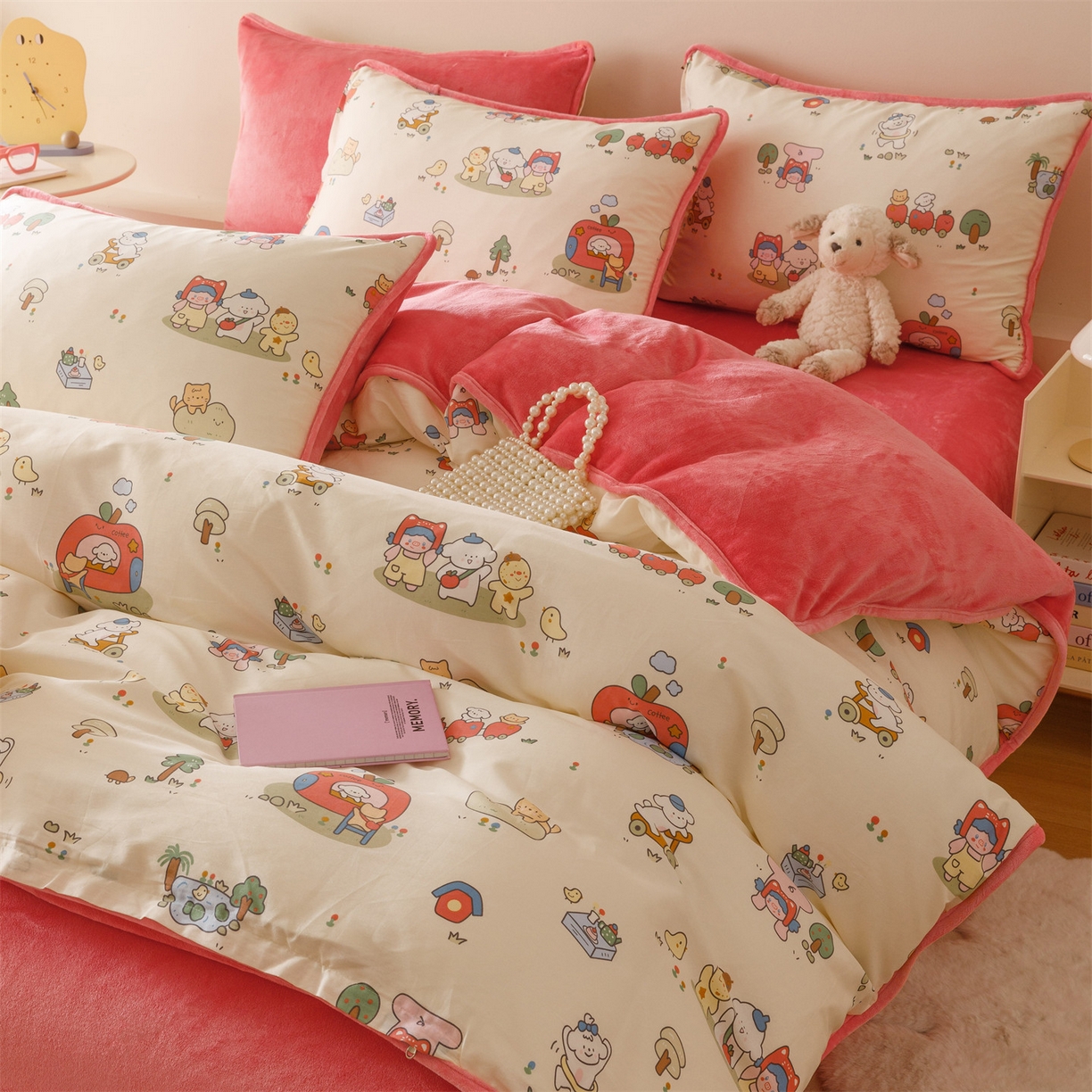 91家纺网 家纺一手货源 找家纺 红粉佳人家纺 2025新款A类棉加绒印花单被套被套单件 开心家园