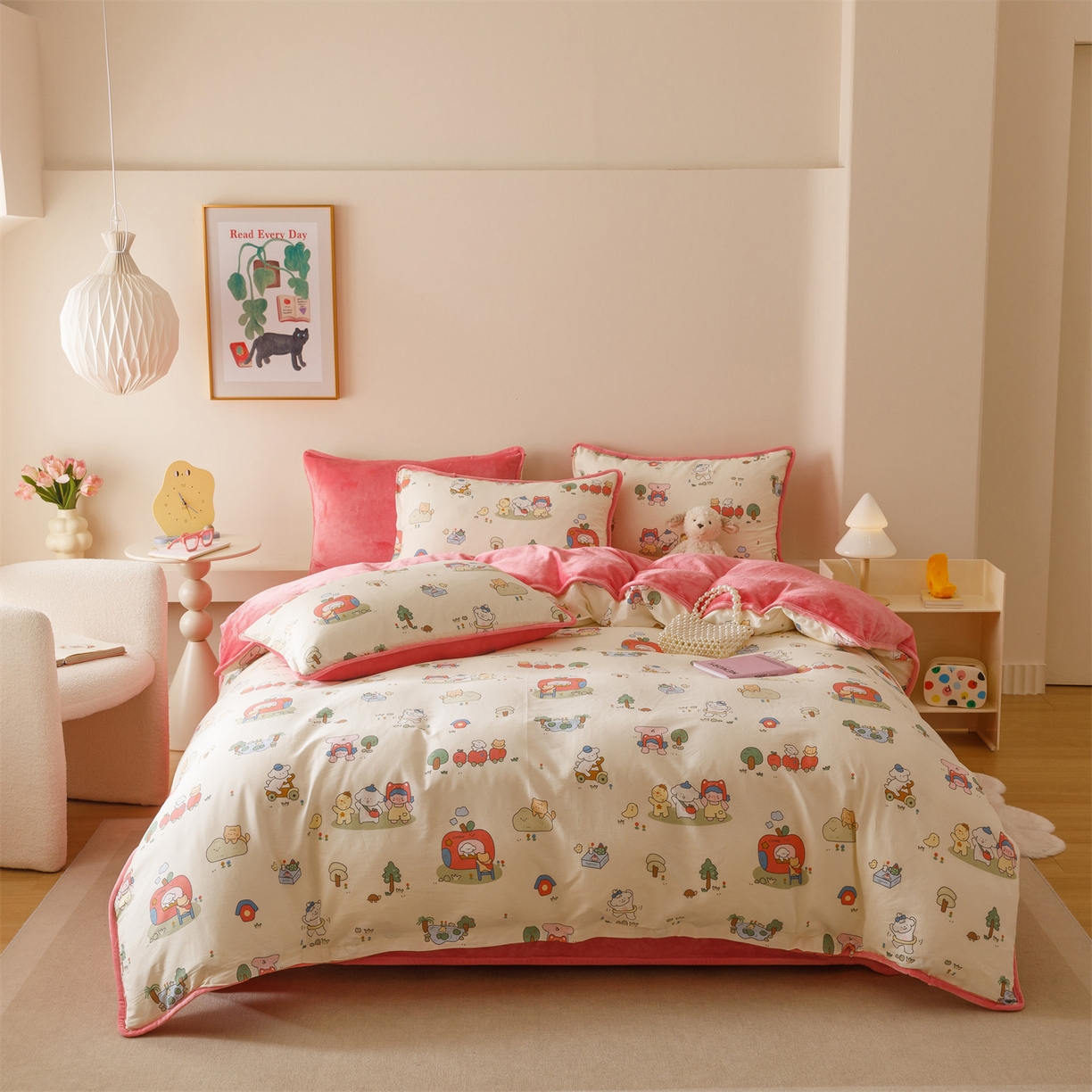 91家纺网 家纺一手货源 找家纺 红粉佳人家纺 2025新款A类棉加绒印花单被套被套单件 开心家园