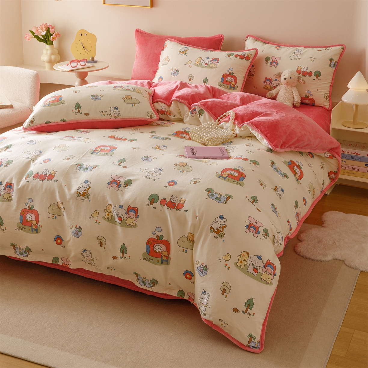 91家纺网 家纺一手货源 找家纺 红粉佳人家纺 2025新款A类棉加绒印花单被套被套单件 开心家园