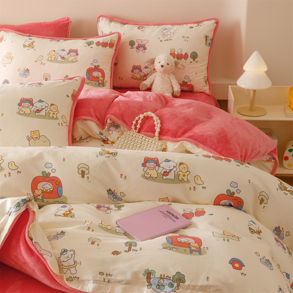 91家纺网 家纺一手货源 找家纺 红粉佳人家纺 2025新款A类棉加绒印花单被套被套单件 开心家园