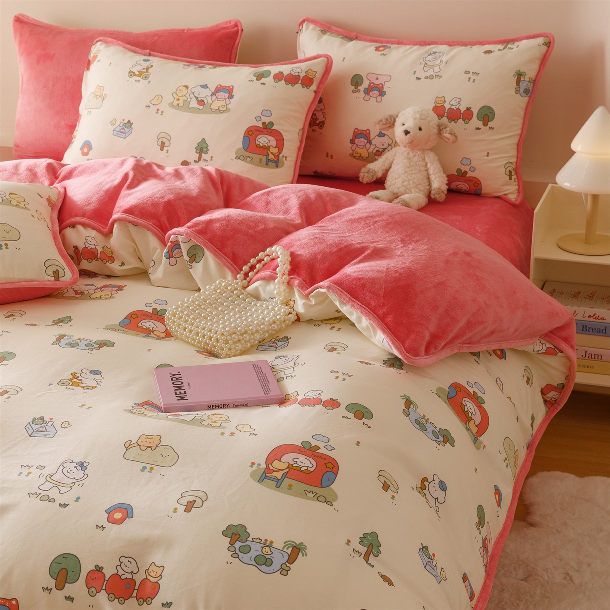 91家纺网 家纺一手货源 找家纺 红粉佳人家纺 2025新款A类棉加绒印花单被套被套单件 开心家园