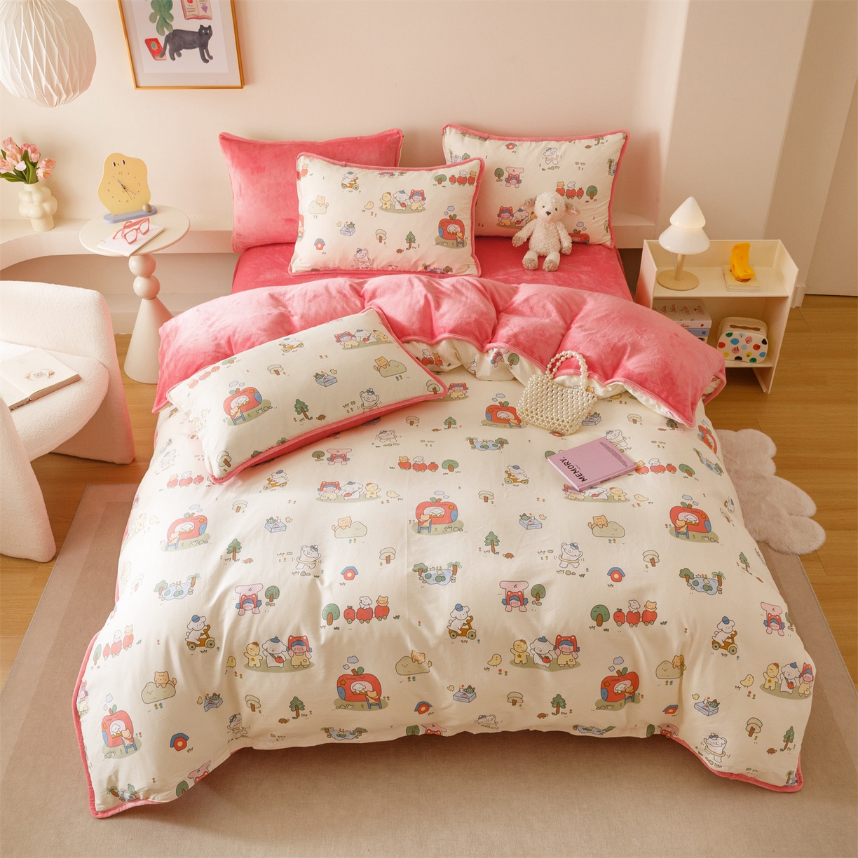 91家纺网 家纺一手货源 找家纺 红粉佳人家纺 2025新款A类棉加绒印花单被套被套单件 开心家园