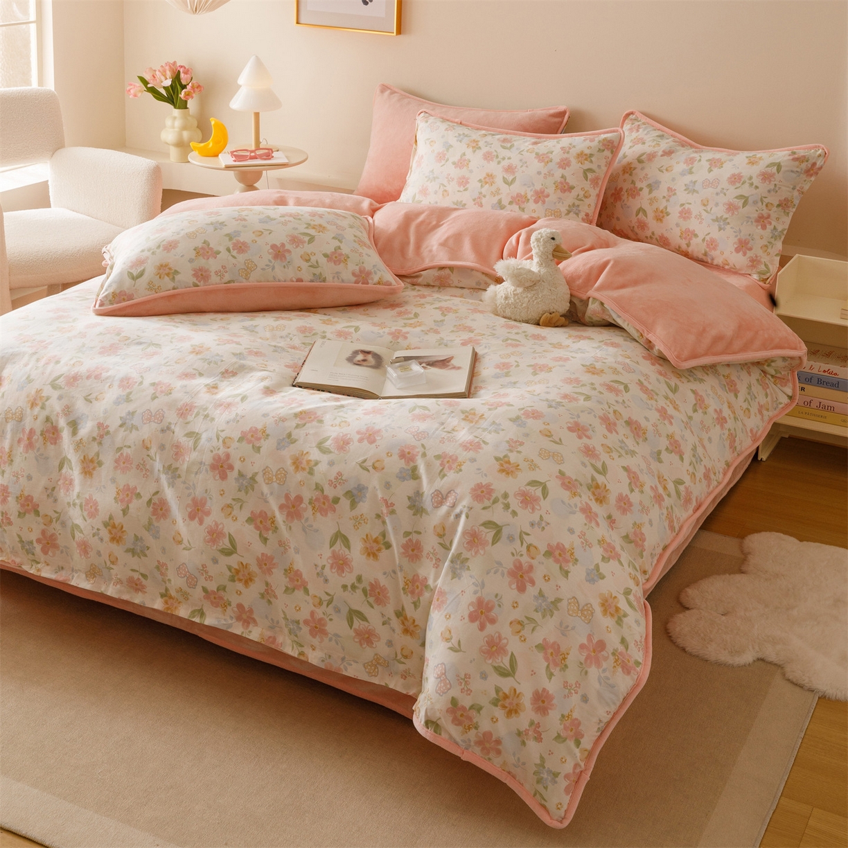 91家纺网 家纺一手货源 找家纺 红粉佳人家纺 2025新款A类棉加绒印花单被套被套单件 满园芳华