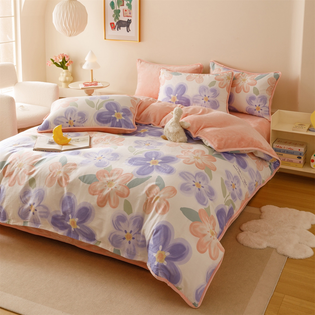 91家纺网 家纺一手货源 找家纺 红粉佳人家纺 2025新款A类棉加绒印花单被套被套单件 梦幻花海