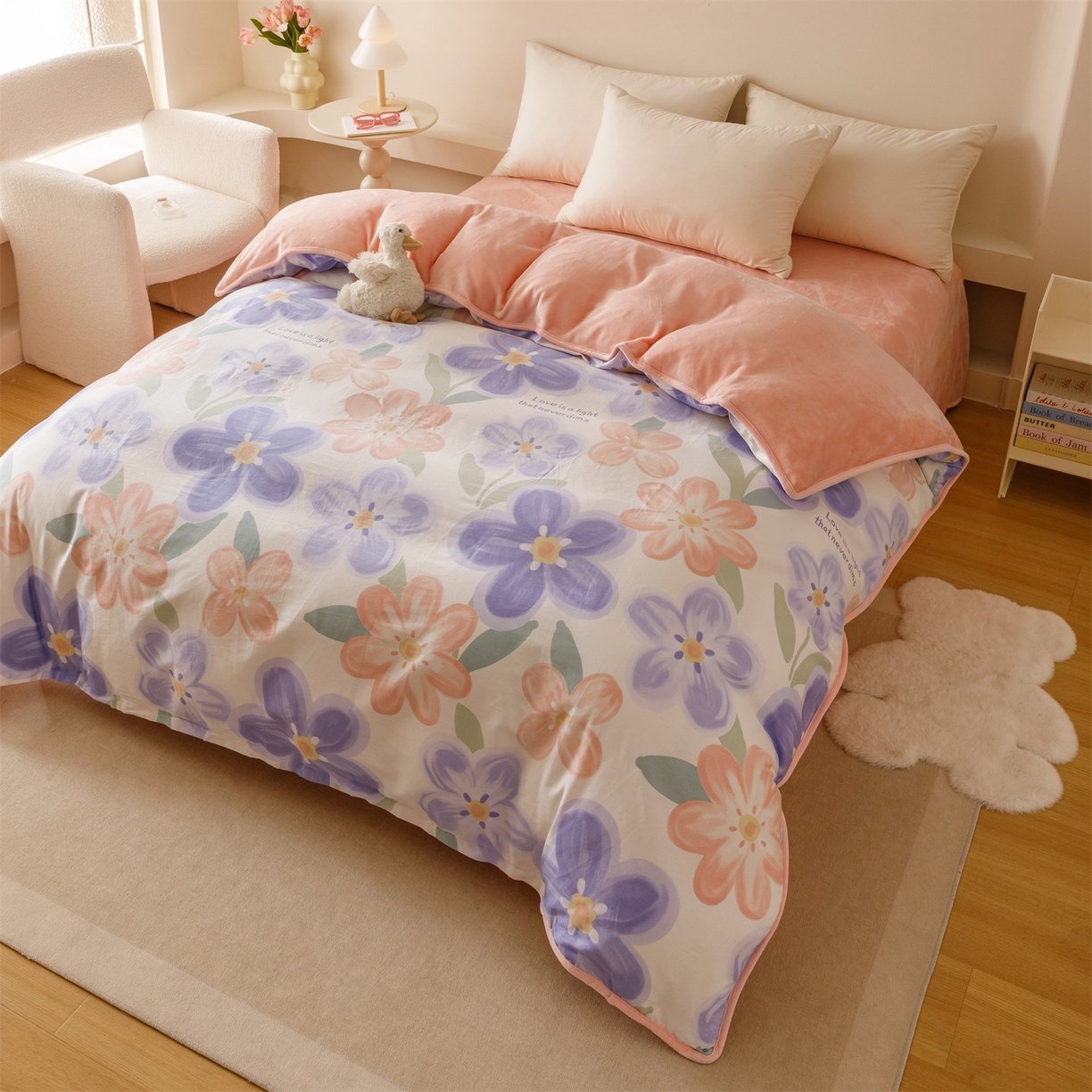 91家纺网 家纺一手货源 找家纺 红粉佳人家纺 2025新款A类棉加绒印花单被套被套单件 梦幻花海