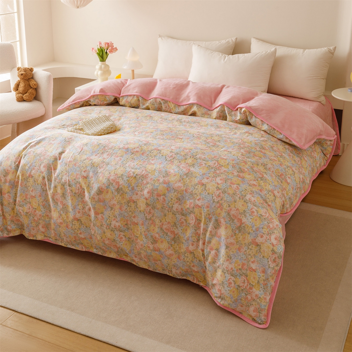 91家纺网 家纺一手货源 找家纺 红粉佳人家纺 2025新款A类棉加绒印花单被套被套单件 暖阳绿意