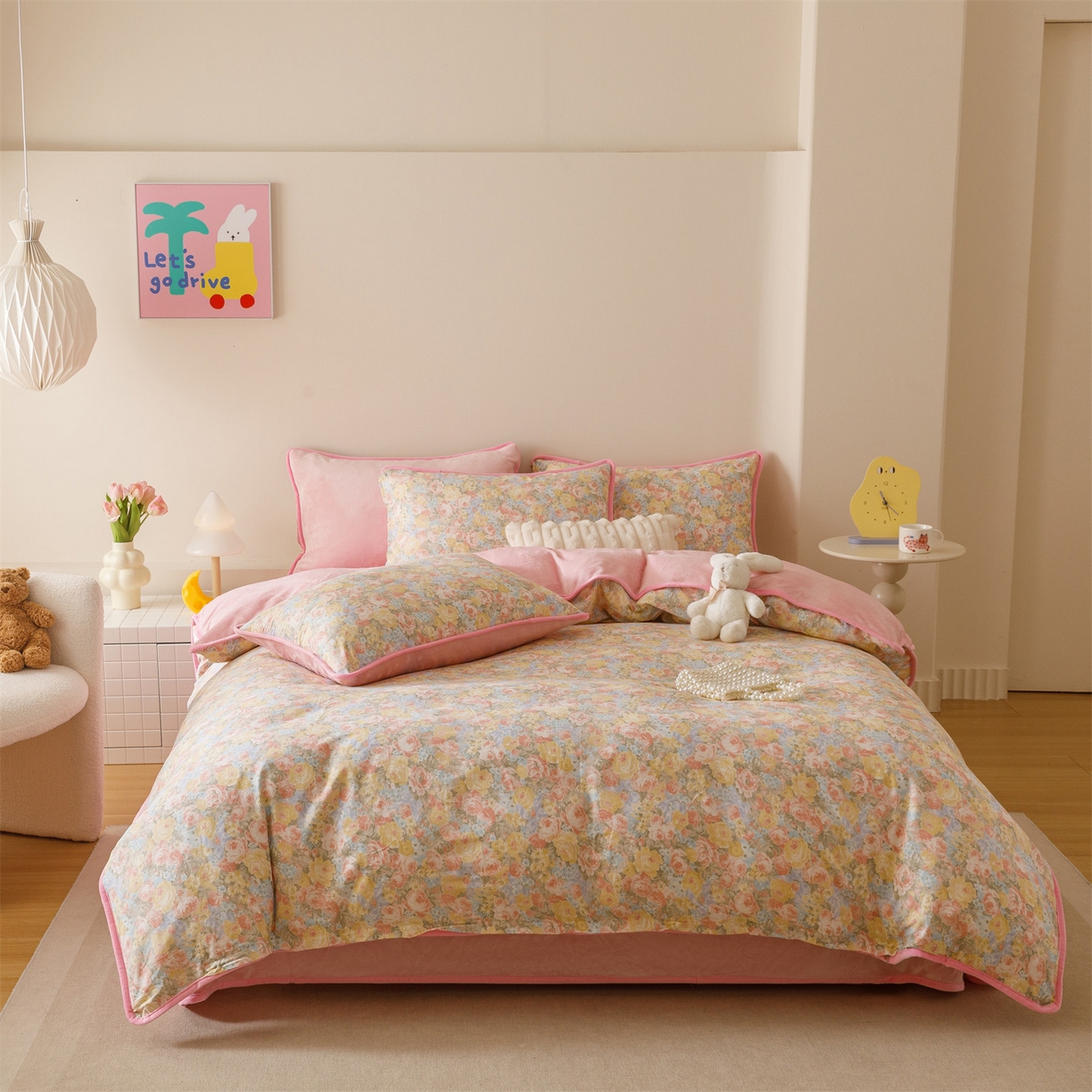 91家纺网 家纺一手货源 找家纺 红粉佳人家纺 2025新款A类棉加绒印花单被套被套单件 暖阳绿意