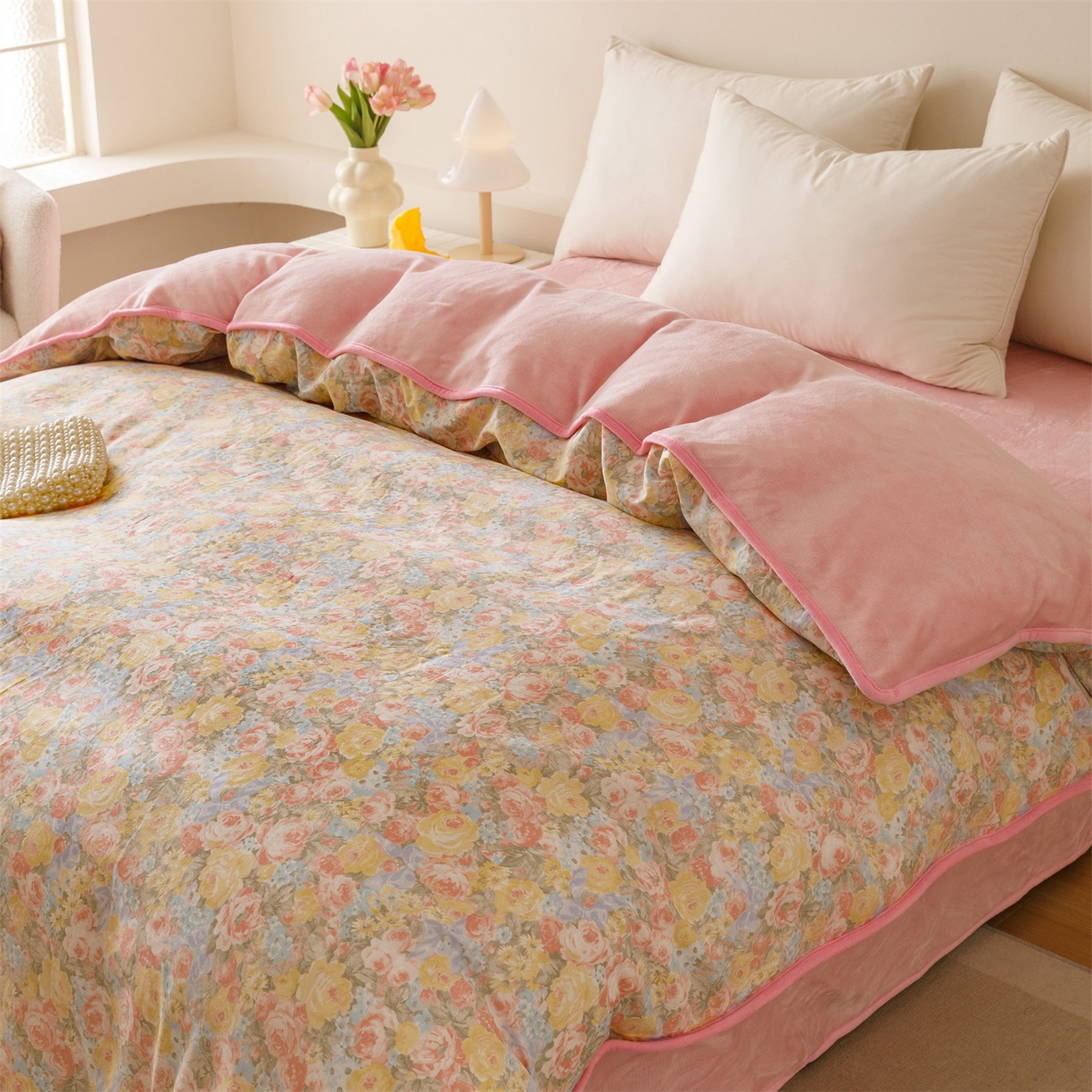 91家纺网 家纺一手货源 找家纺 红粉佳人家纺 2025新款A类棉加绒印花单被套被套单件 暖阳绿意