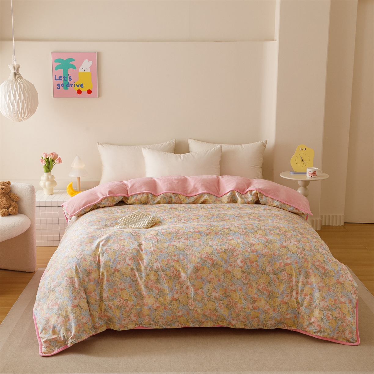 91家纺网 家纺一手货源 找家纺 红粉佳人家纺 2025新款A类棉加绒印花单被套被套单件 暖阳绿意