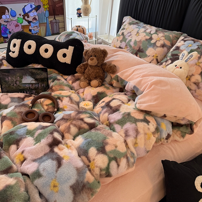 91家纺网 家纺一手货源 找家纺 HL原创 2025新款兔毛绒四件套 繁花