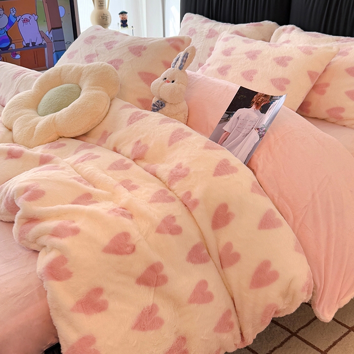 91家纺网 家纺一手货源 找家纺 HL原创 2025新款兔毛绒四件套 粉色心情