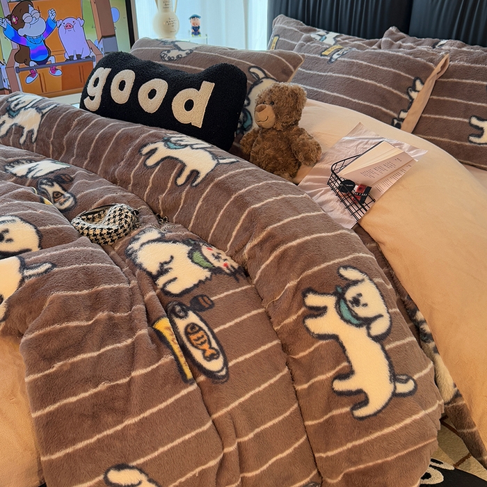 91家纺网 家纺一手货源 找家纺 HL原创 2025新款兔毛绒四件套 狗狗线条