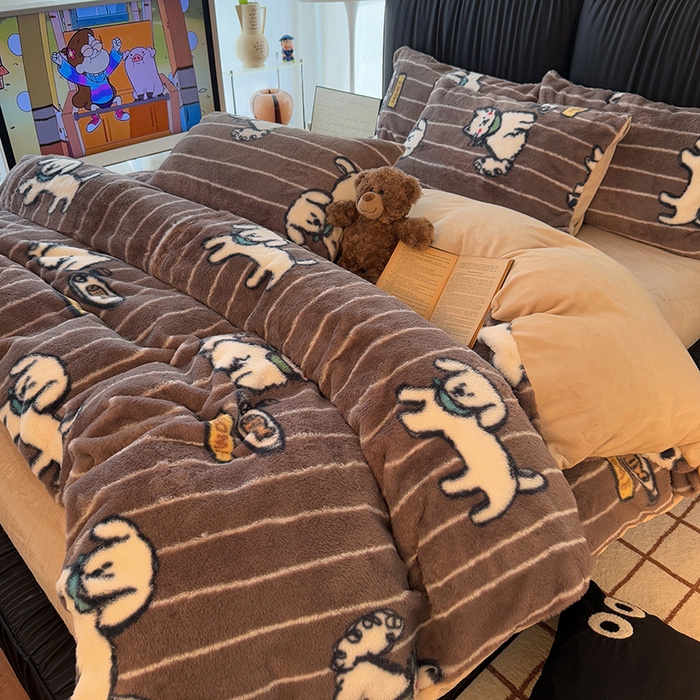 91家纺网 家纺一手货源 找家纺 HL原创 2025新款兔毛绒四件套 狗狗线条