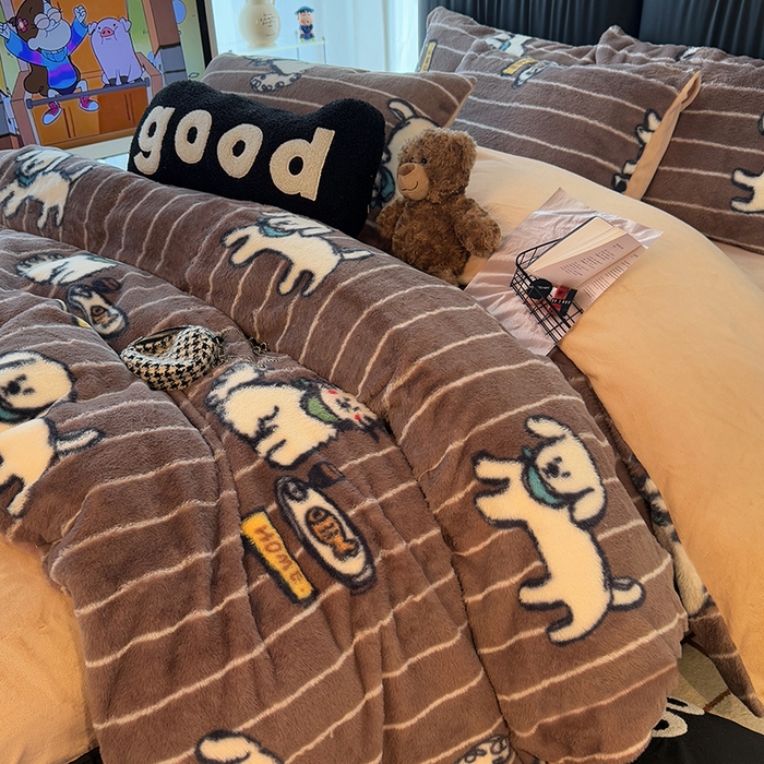 91家纺网 家纺一手货源 找家纺 HL原创 2025新款兔毛绒四件套 狗狗线条