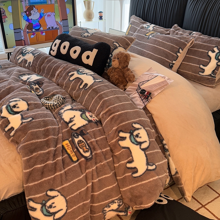 91家纺网 家纺一手货源 找家纺 HL原创 2025新款兔毛绒四件套 狗狗线条