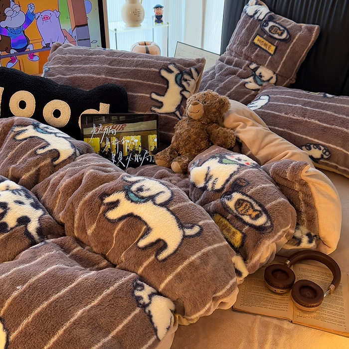 91家纺网 家纺一手货源 找家纺 HL原创 2025新款兔毛绒四件套 狗狗线条