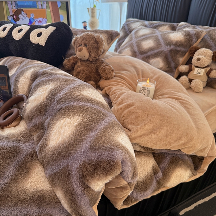 91家纺网 家纺一手货源 找家纺 HL原创 2025新款兔毛绒四件套 咖啡