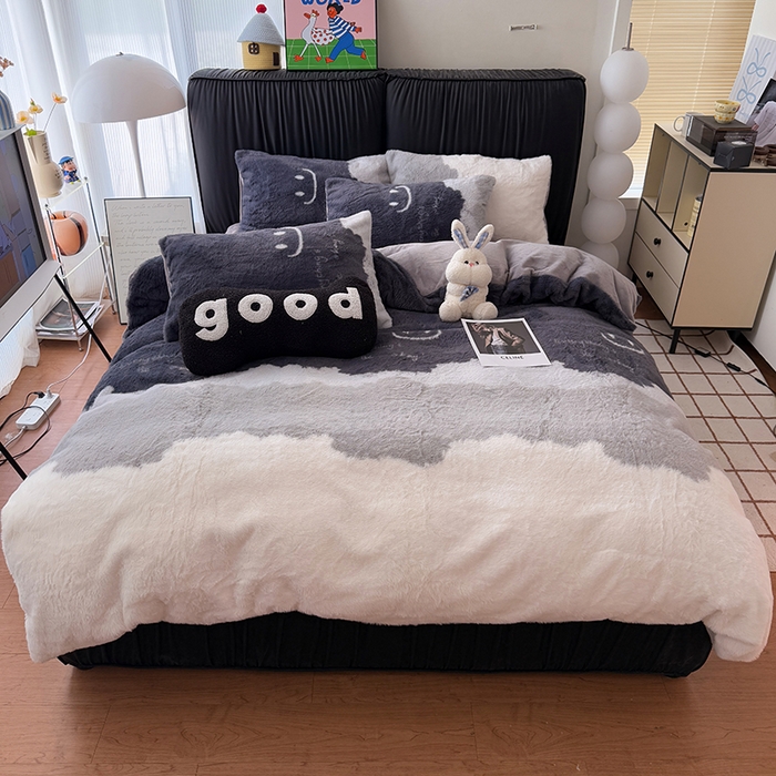 91家纺网 家纺一手货源 找家纺 HL原创 2025新款兔毛绒四件套 墨蓝