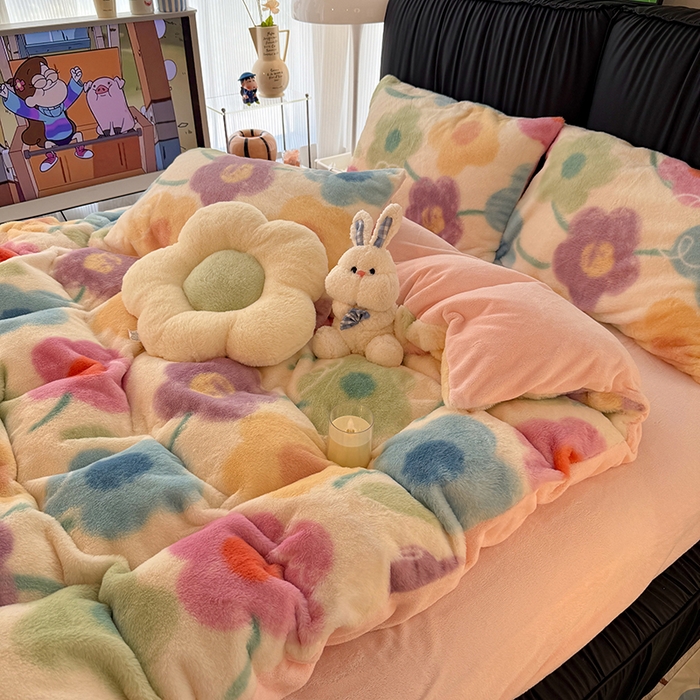 91家纺网 家纺一手货源 找家纺 HL原创 2025新款兔毛绒四件套 五彩缤纷