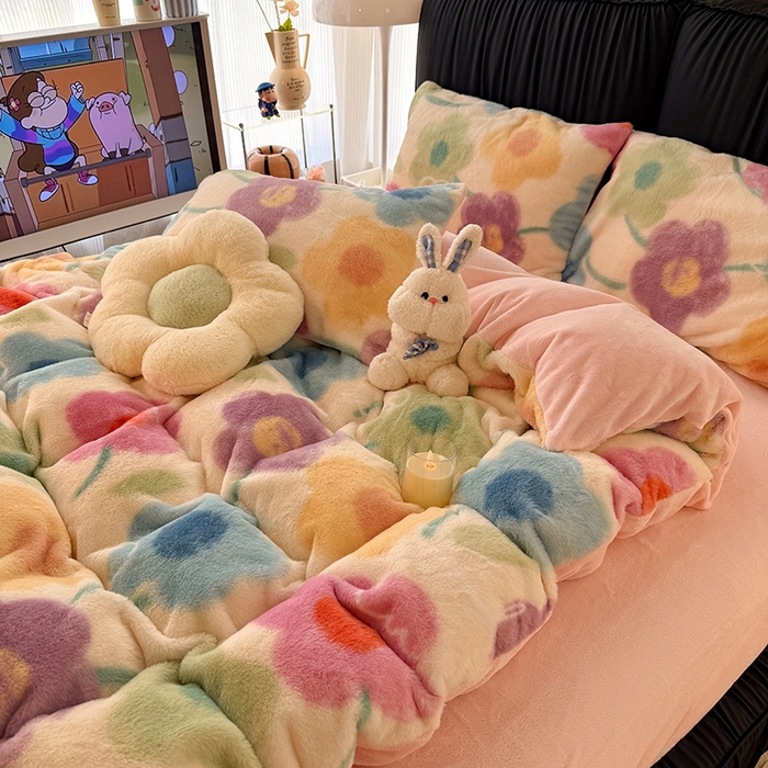 91家纺网 家纺一手货源 找家纺 HL原创 2025新款兔毛绒四件套 五彩缤纷