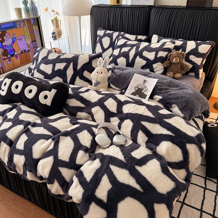 91家纺网 家纺一手货源 找家纺 HL原创 2025新款兔毛绒四件套 自由-黑