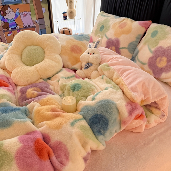 91家纺网 家纺一手货源 找家纺 HL原创 2025新款兔毛绒四件套 五彩缤纷