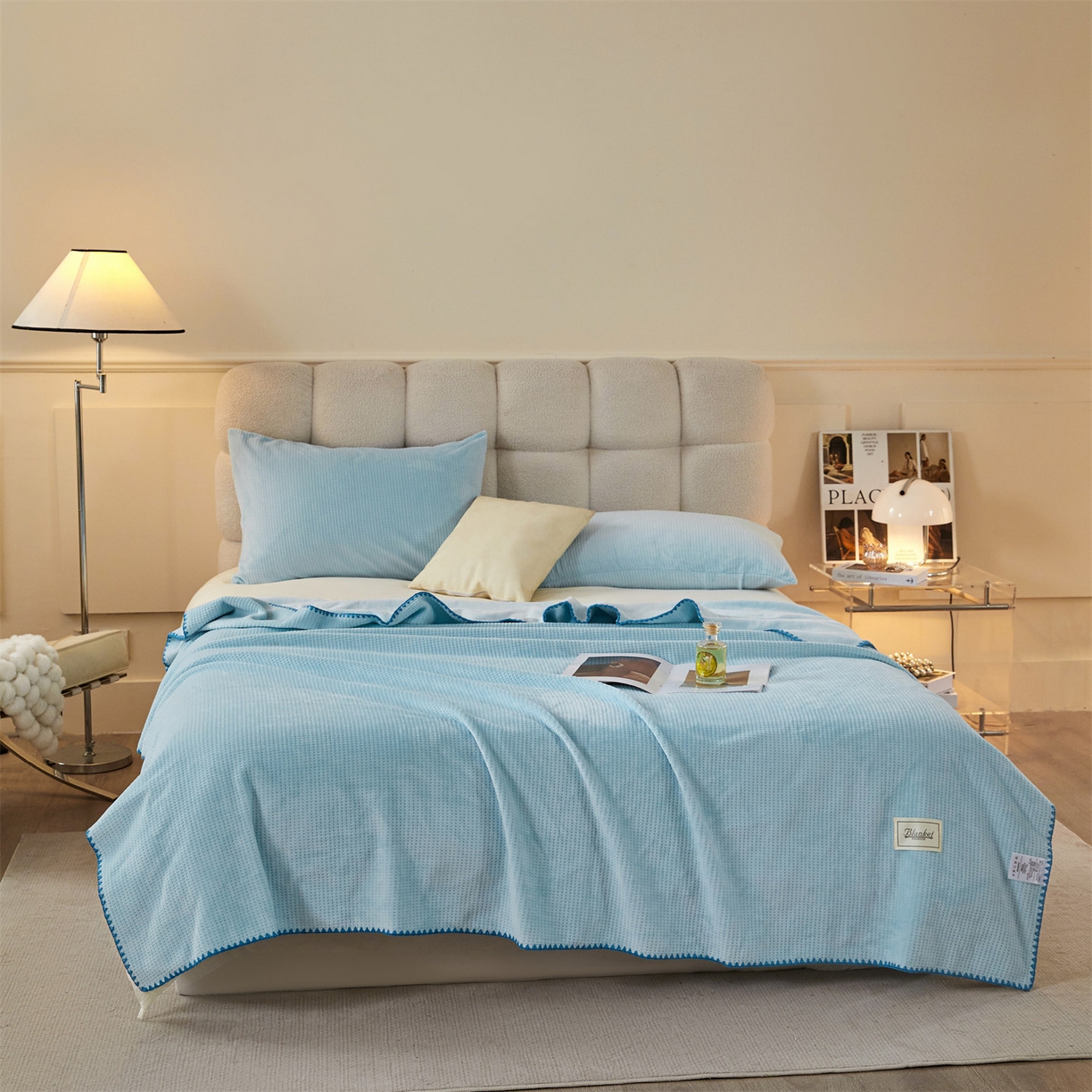 91家纺网 家纺一手货源 找家纺 雯豆家纺 2025新品华夫格毛毯盖毯双层加厚办公室披肩毯子 自由风-淡水蓝