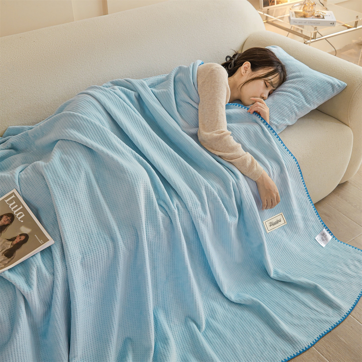 91家纺网 家纺一手货源 找家纺 雯豆家纺 2025新品华夫格毛毯盖毯双层加厚办公室披肩毯子 自由风-淡水蓝